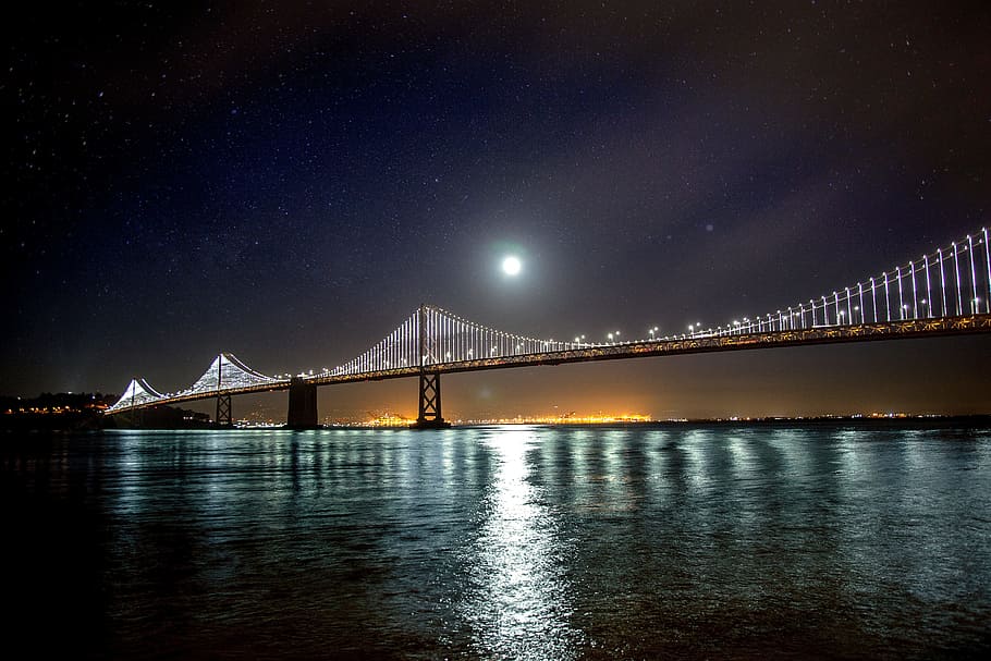 architecture, bridge, structure, blue, sky, dark, night, stars HD wallpaper