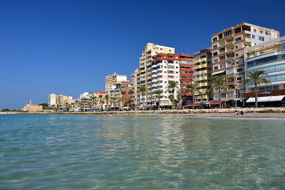 city, building, backdrop, beach, sea, coast, landscape, mediterranean HD wallpaper