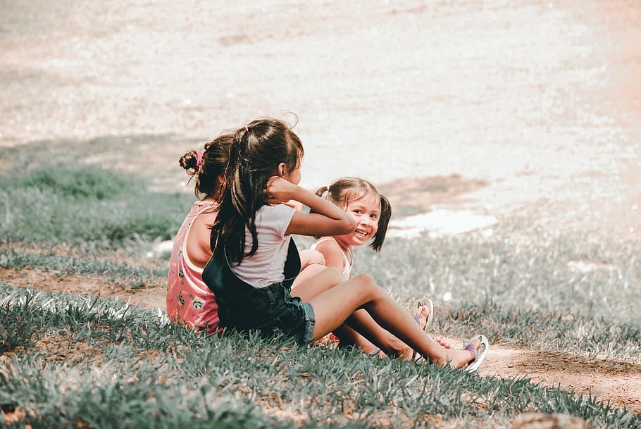 three children sitting on grass, person, human, people, girl HD wallpaper