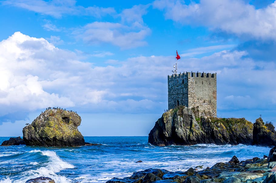 Brick Castle of Body of Water, architecture, beach, blue, clouds HD wallpaper