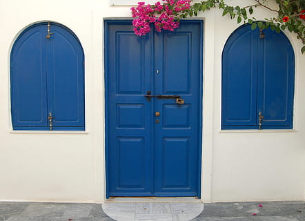 greece, oia, window, windows, door, blue, mediterranean, santorini HD wallpaper
