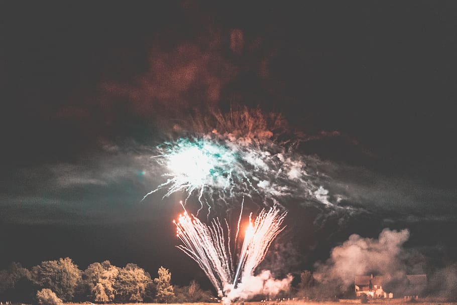 explosion, fireworks, smoke, sky, cloud, red, blue, orange teal look HD wallpaper