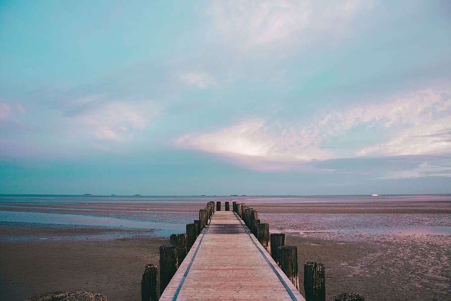 brown boardwalk, building, bridge, water, outdoors, ocean, nature HD wallpaper