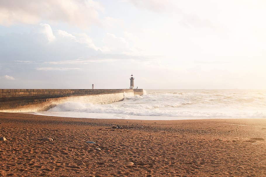 Lighthouse At The End Of Dock, beach, coast, dawn, ocean, pier HD wallpaper