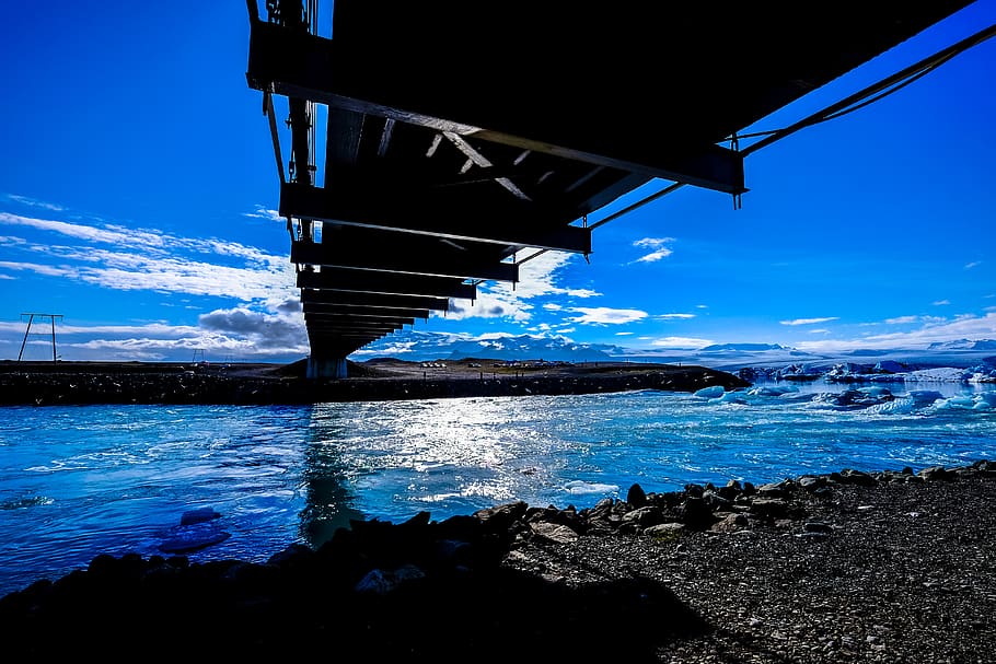Black Bridge, clouds, ice, landscape, reflections, road, sky HD wallpaper