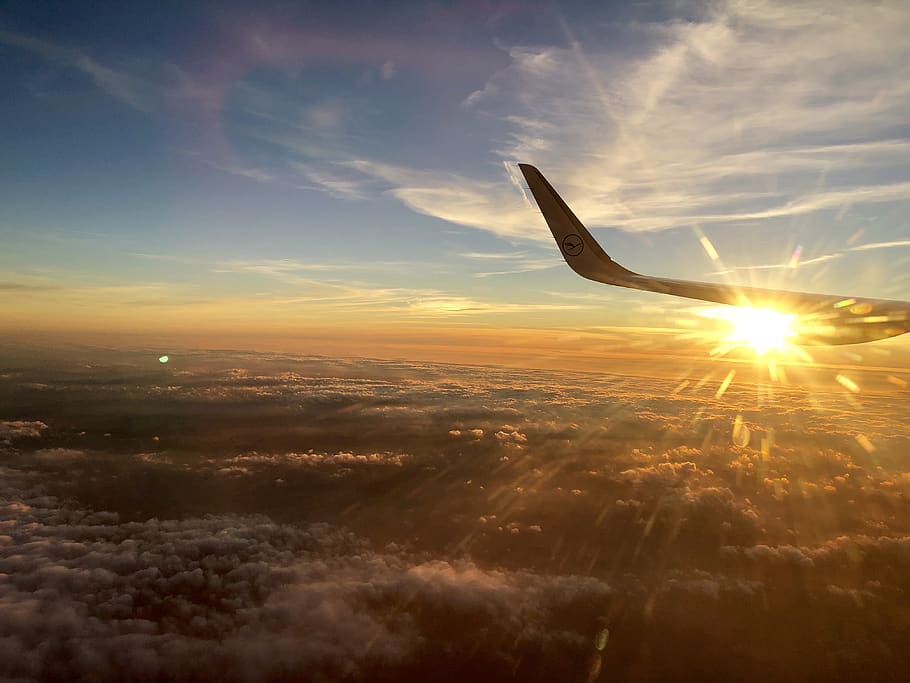 lufthansa, sunrise, cloud, plane, sky, cloud - sky, sunset HD wallpaper