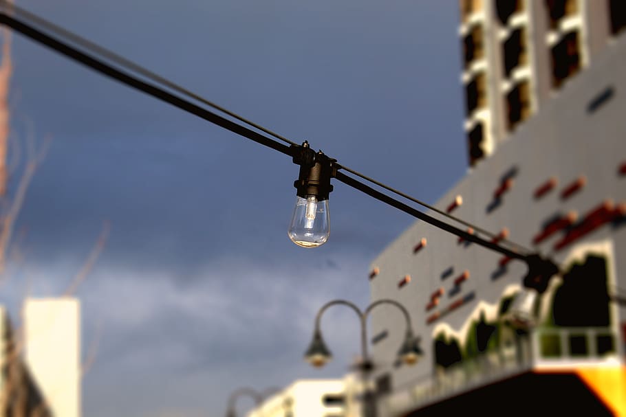 light, lightbulb, utility pole, wire, city, light bulb, aircraft HD wallpaper