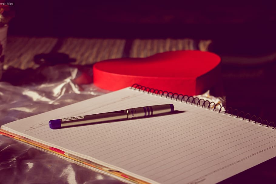 Gray and Blue Click Pen on White Notebook, blank, close-up, composition HD wallpaper