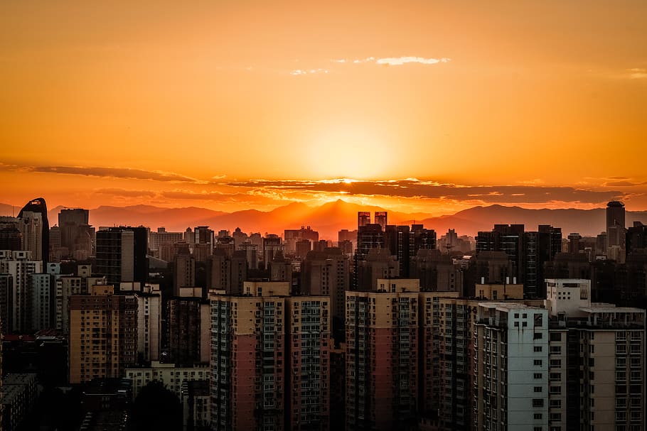 high rise buildings, nature, sunset, sky, dusk, outdoors, dawn HD wallpaper
