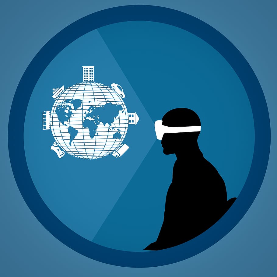 Illustration of person using virtual reality headset., augmented