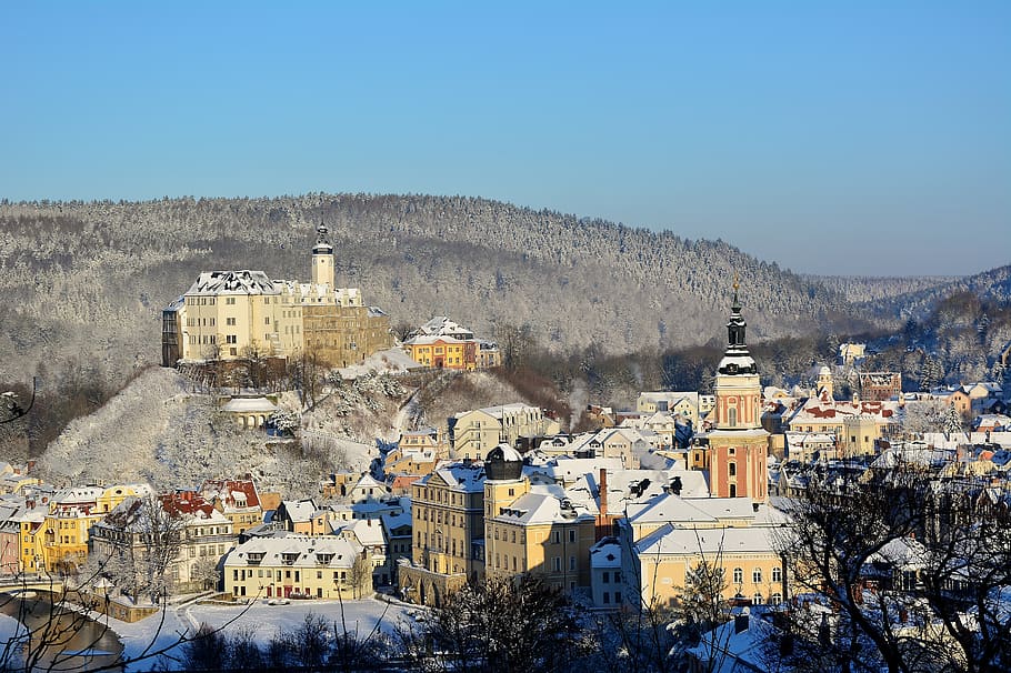 wintry, sunrise, snow, thuringia germany, building exterior HD wallpaper