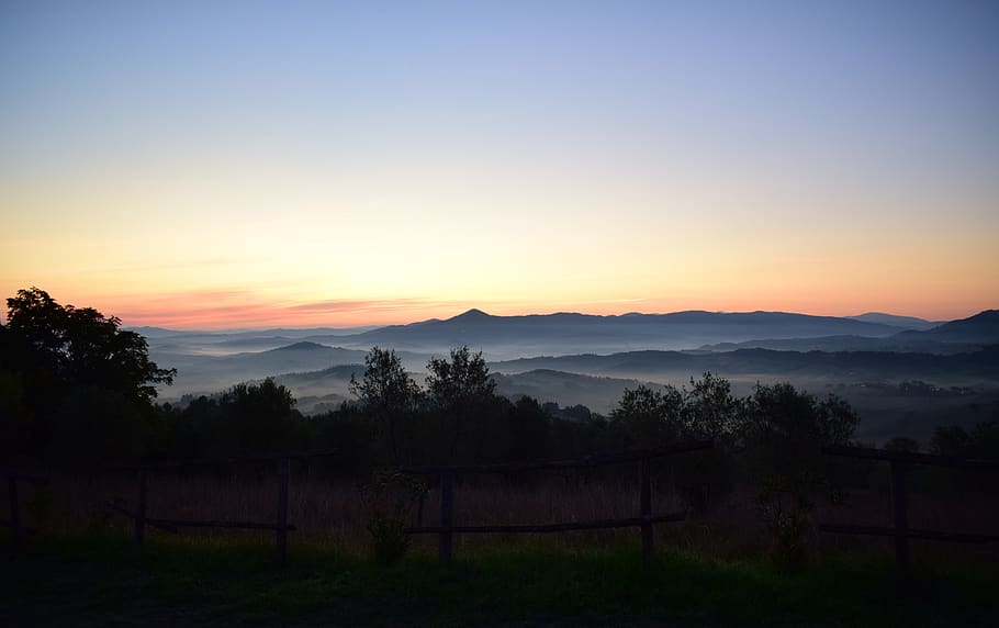 green trees during sunrise, mountain, sunset, landscape, montescudaio, HD wallpaper