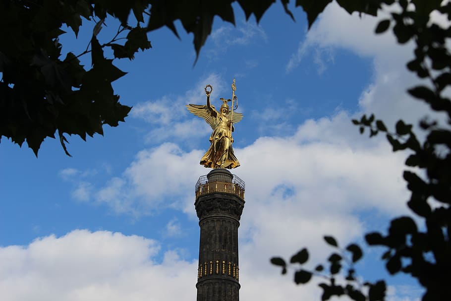 germany, berlin, siegessäule, leaves, leaf, sky, skyscraper, HD wallpaper