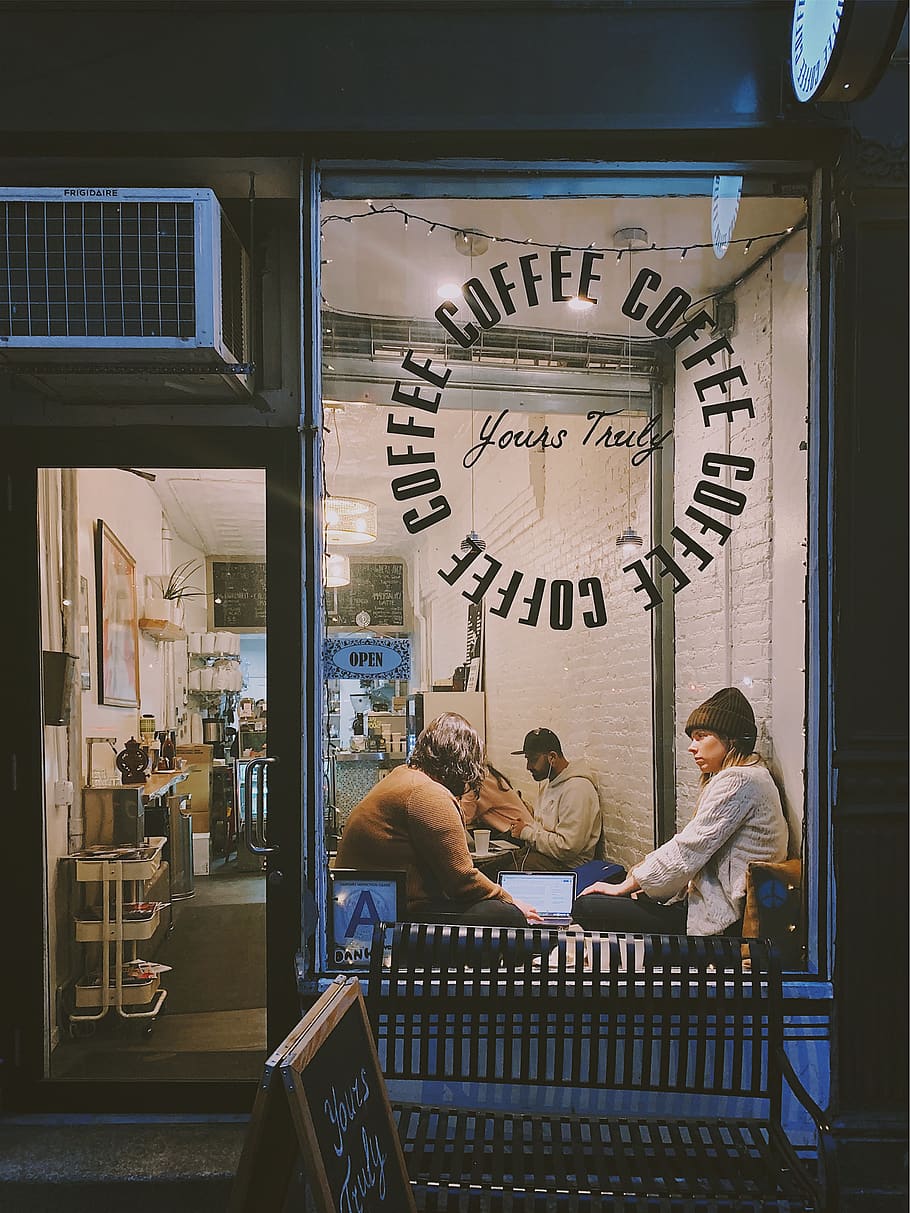 woman sitting on chair, person, human, shop, window display, coffee, HD wallpaper