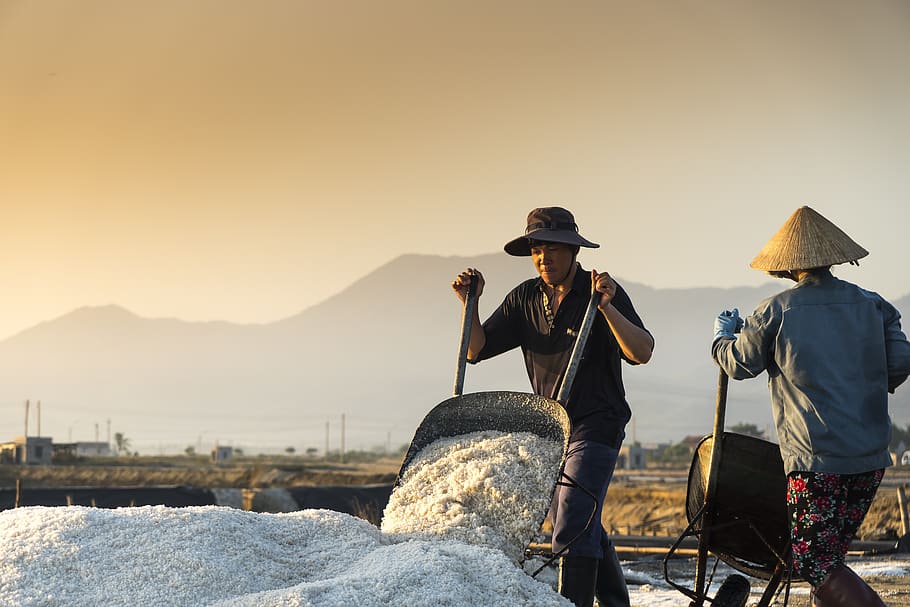 Man In Black Hat Holding Wheelbarrow, people, salt, sunset, work