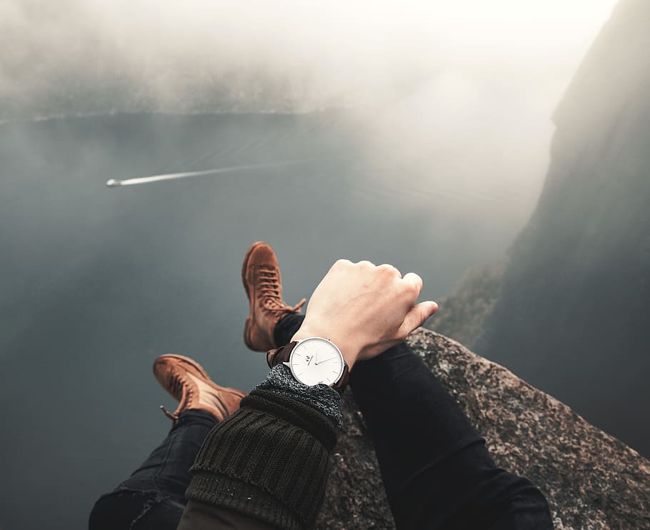 Misty edge, boot, hand, watch, rock, stone, sat, sitting, fashion HD wallpaper