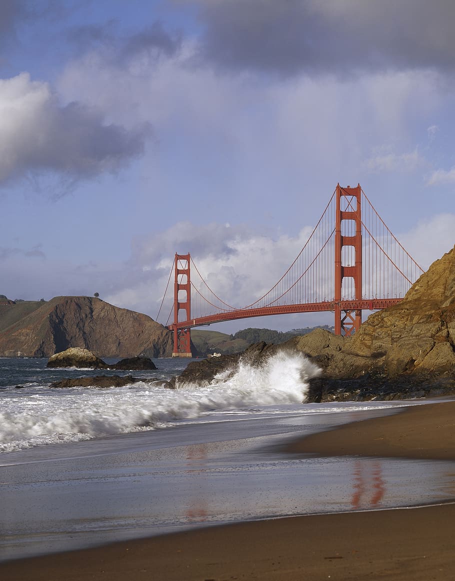 bridge, golden gate, waves, surf, beach, clouds, towers, san francisco HD wallpaper