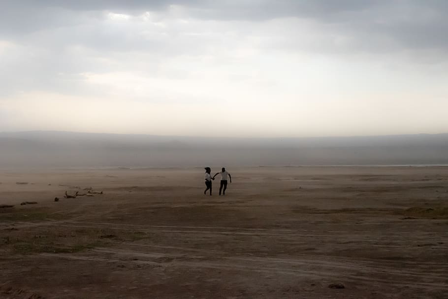 two persons standing on open field, sky, cloud - sky, scenics - nature HD wallpaper
