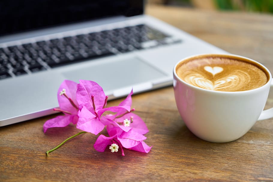 White Ceramic Teacup Beside Laptop, blur, caffeine, cappuccino, HD wallpaper