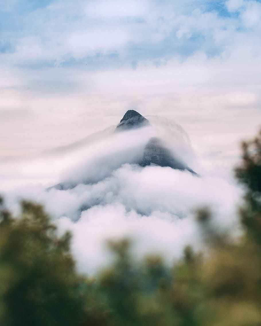 black mountain covered with fogs, cloud - sky, beauty in nature HD wallpaper