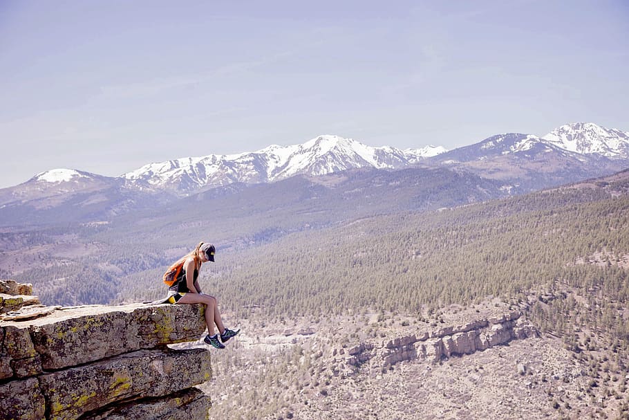 Woman On Top Of Mountain, adventure, backpacking, cliff, climb HD wallpaper