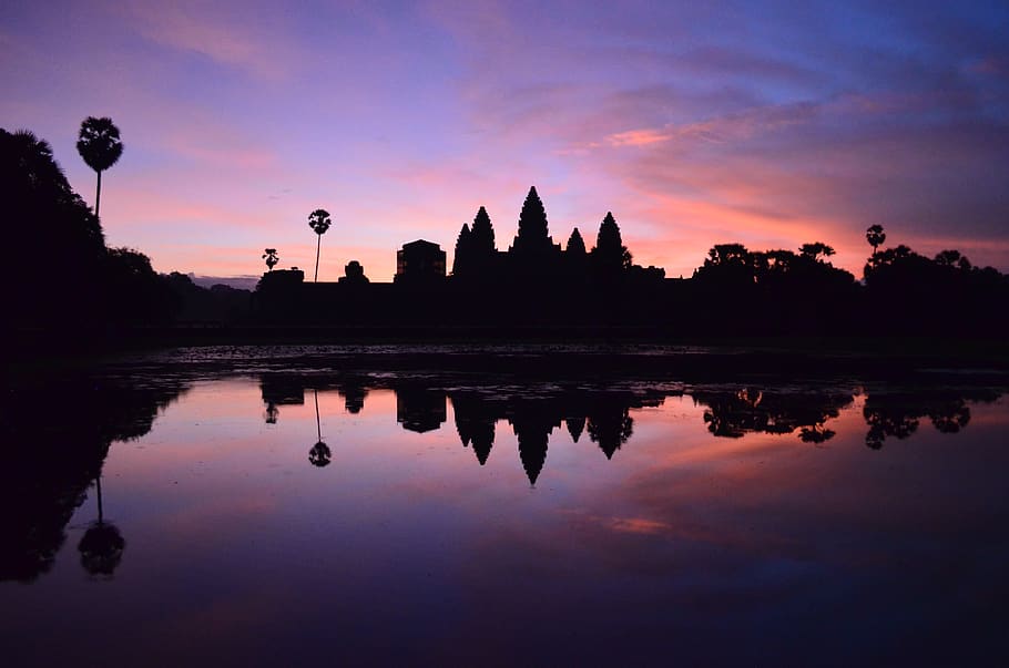 cambodia, angkor wat, krong siem reap, sunrise, temple, gradient, HD wallpaper
