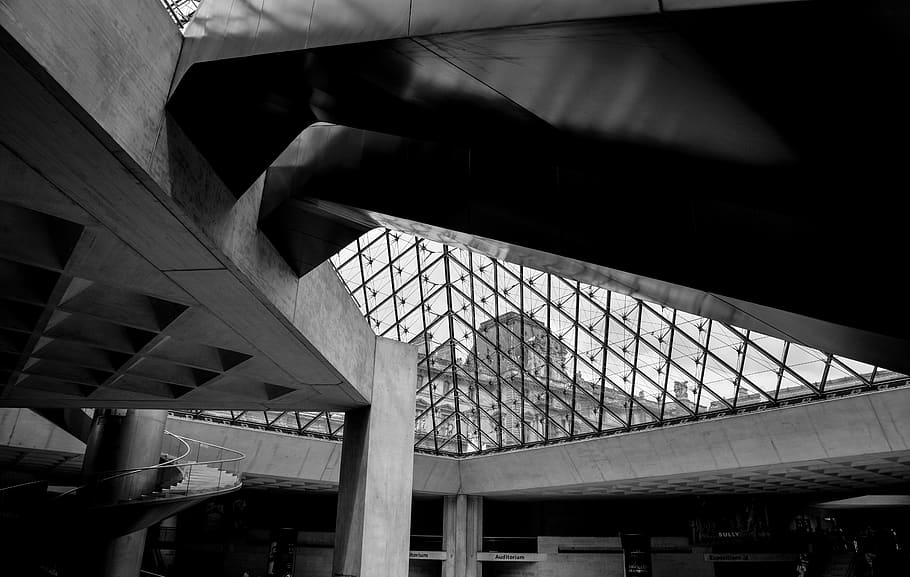 france, paris, louvre museum, simplicty, black and white, angles, HD wallpaper