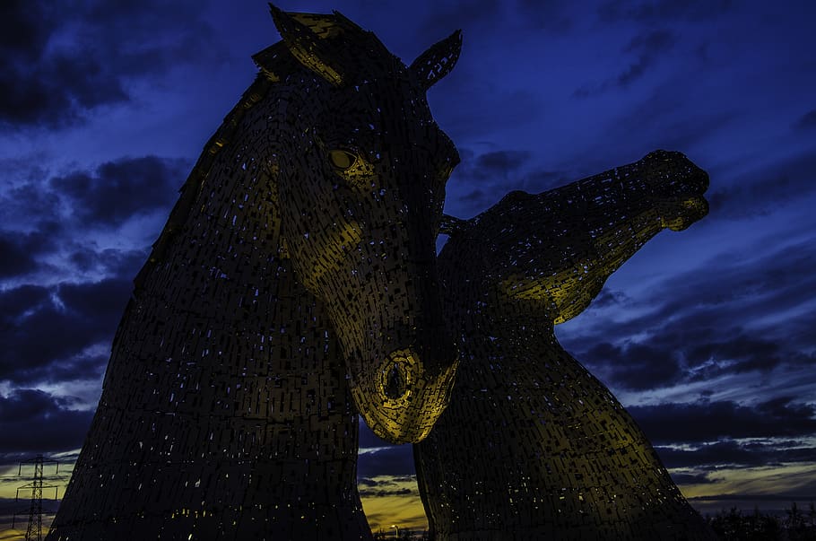 The Kelpies, Scotland, art, backlit, clouds, dark, evening, landmark, HD wallpaper