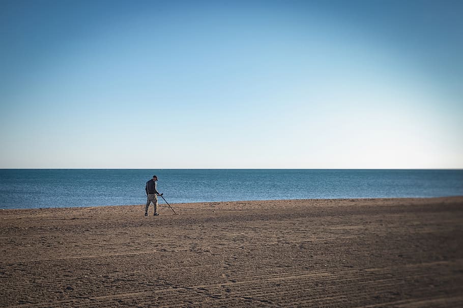 man, beach, detection, metal, searching, ocean, water, person HD wallpaper