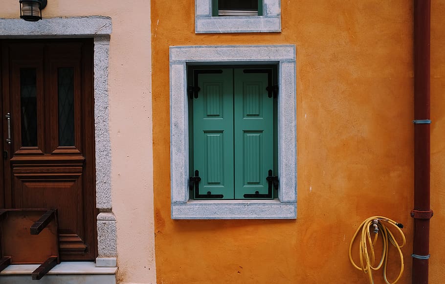 green window, chio, greece, wall, door, home, yellow, color, built structure, HD wallpaper