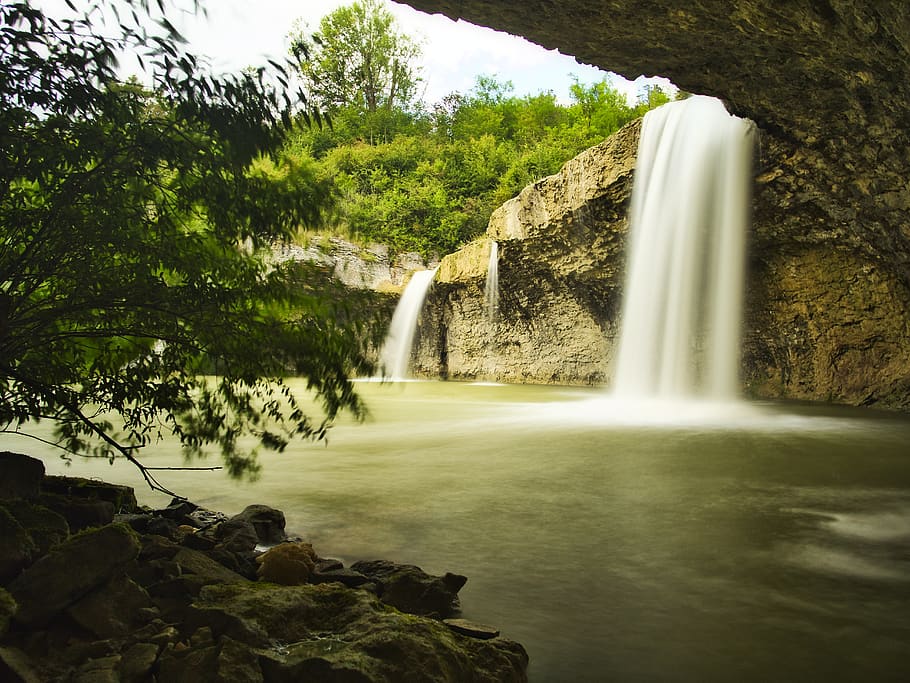 waterfall, landscape, cave, nature, waterfalls, flowing, cliff HD wallpaper