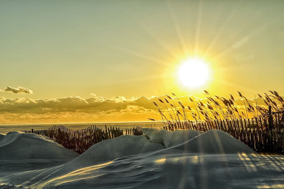 sun, sunrise, sunset, star, beach, snow, clouds, fence, grass HD wallpaper