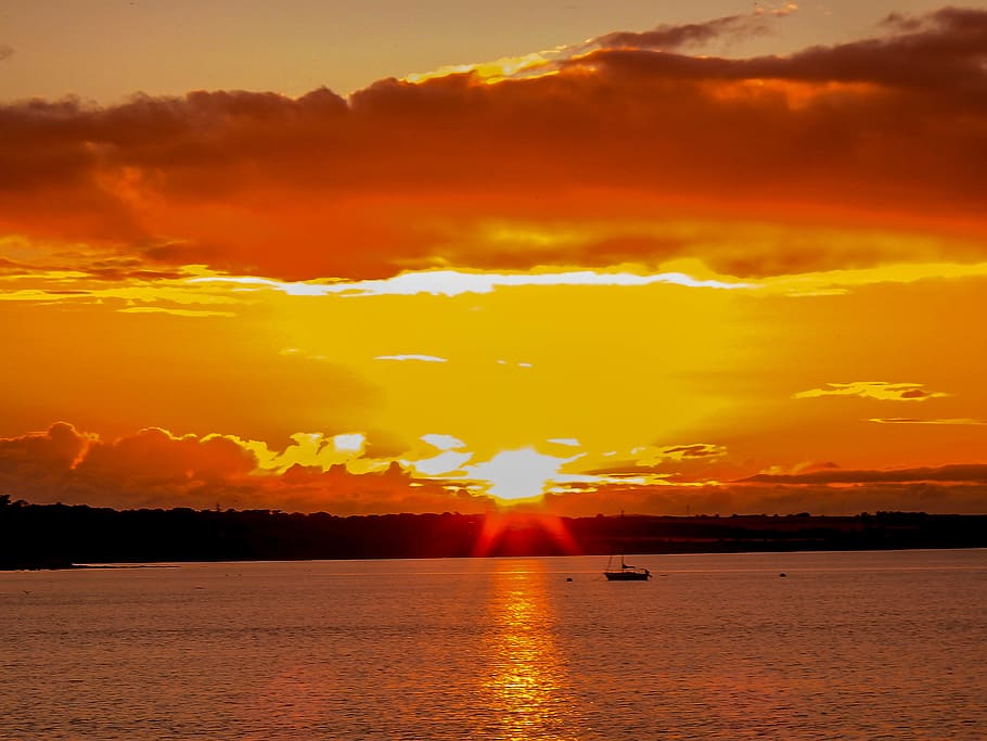 sea, boat, sun, clouds, landscape, ocean, orange, yellow, blue HD wallpaper