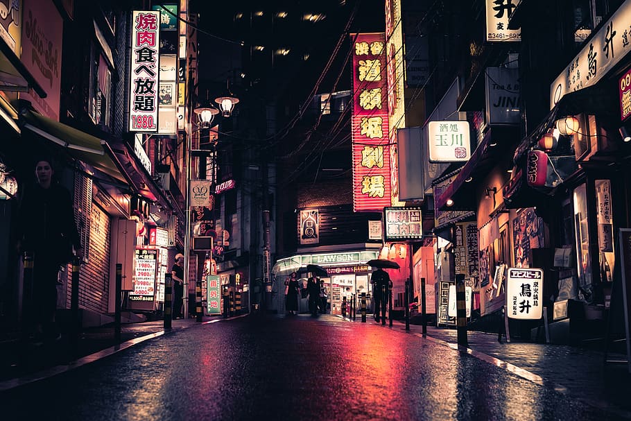 HD wallpaper: people on street, neon, rain, japan, night, urban, tokyo ...
