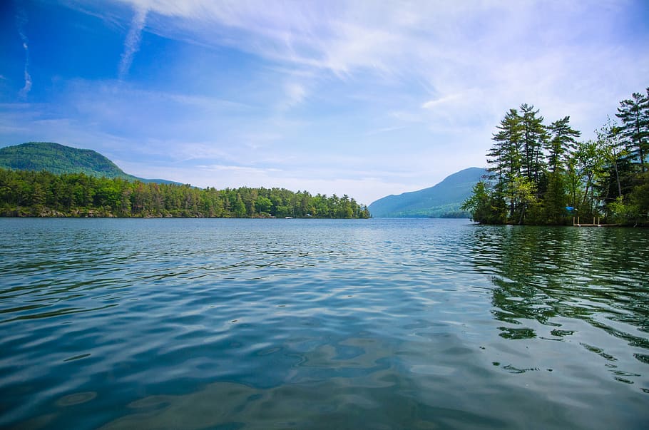 lake, trees, forest, island, water, sky, scenics - nature, tranquil scene HD wallpaper