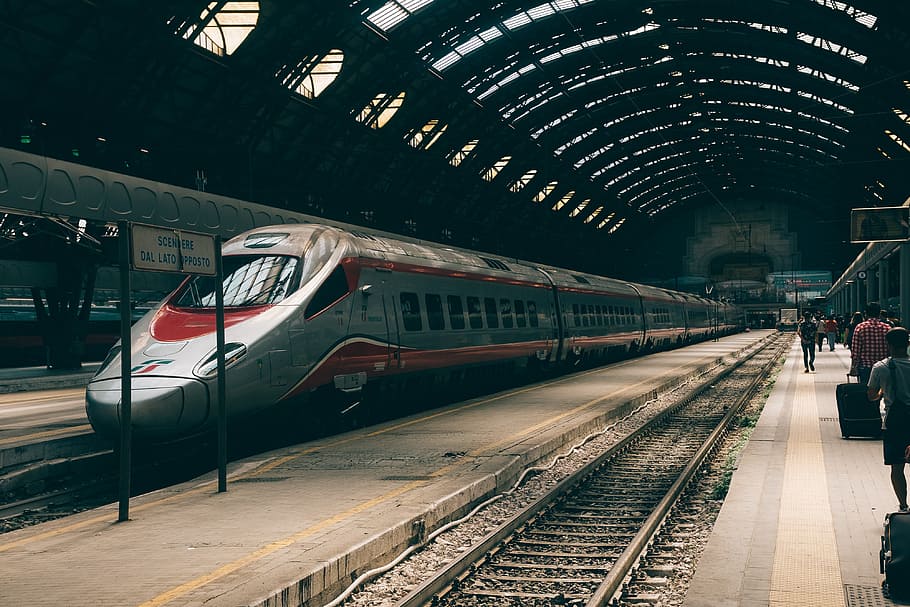 Train on Milan station, architecture, arrival, central, centrale, HD wallpaper