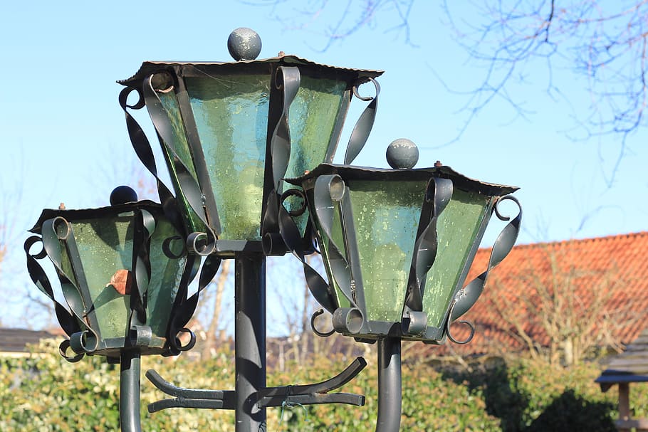 lamp post, lantern, garden, outside, spring, lampshade, cowbell HD wallpaper