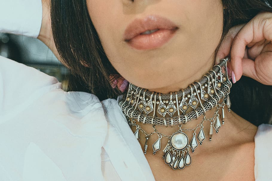 Woman Touching Her Chocker, accessory, beautiful, close-up, cute HD wallpaper