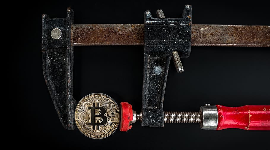 Black and Red Caliper on Gold-colored Bitcoin, blockchain, cryptocurrency HD wallpaper
