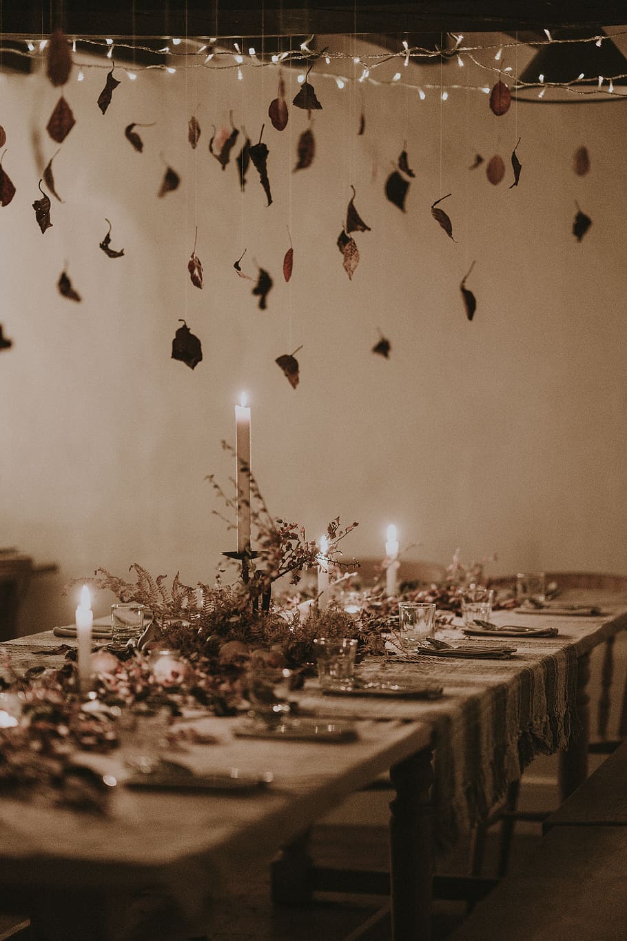 empty table and chairs with candles, illuminated, lighting equipment HD wallpaper