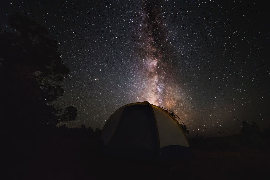 night sky with tent, camping, starry night, utah at night, milky way galaxy camping, HD wallpaper