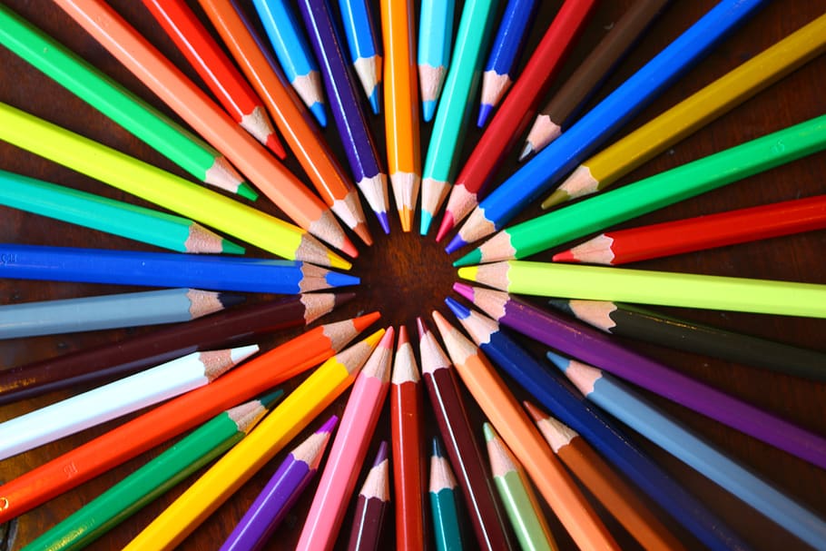 Assorted-color Pencils Forming Circle on Brown Surface, art, artistic, HD wallpaper