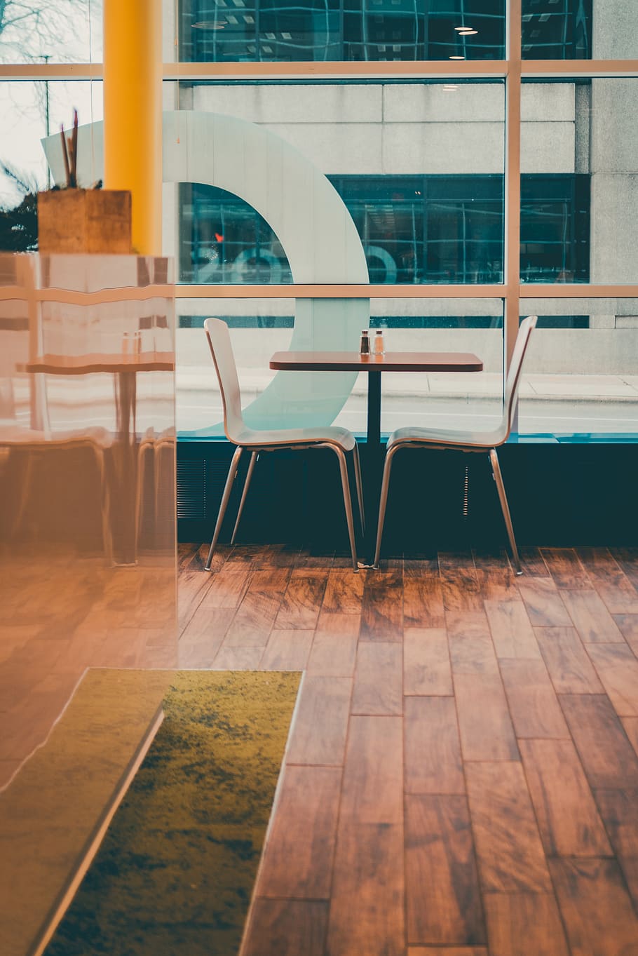 empty chairs and table inside building, seat, absence, flooring HD wallpaper