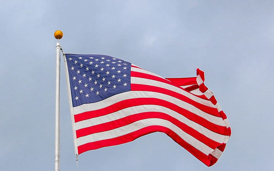 waving US flag on pole, emblem, patriotism, striped, low angle view HD wallpaper