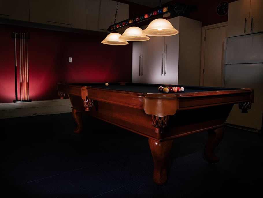 pool, table, balls, cue, lighting, moody, modern, design, furnished, HD wallpaper