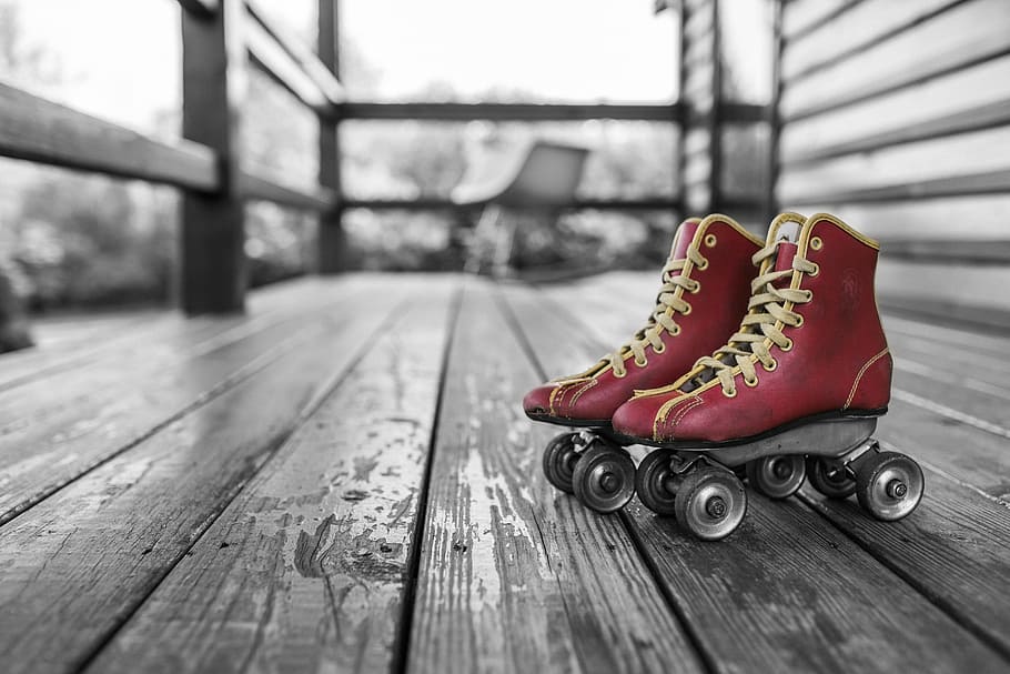 red, roller skates, laces, wheels, wood, deck, porch, shoe HD wallpaper