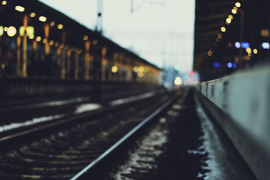 Selective Focus Photography of Train Track, blur, bridge, city HD wallpaper