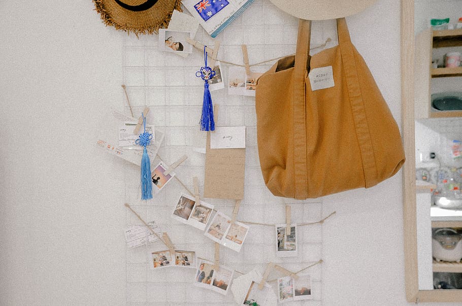brown tote bag, indoors, hanging, no people, paper, still life HD wallpaper