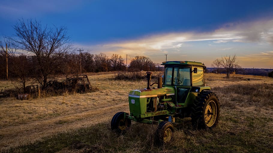 tractor, john deere, sunset, land, land vehicle, field, sky, HD wallpaper