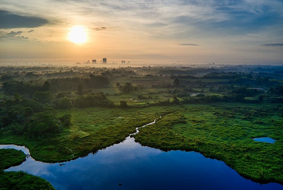 Aerial Photography of Landscape With View Of Sunset, agriculture